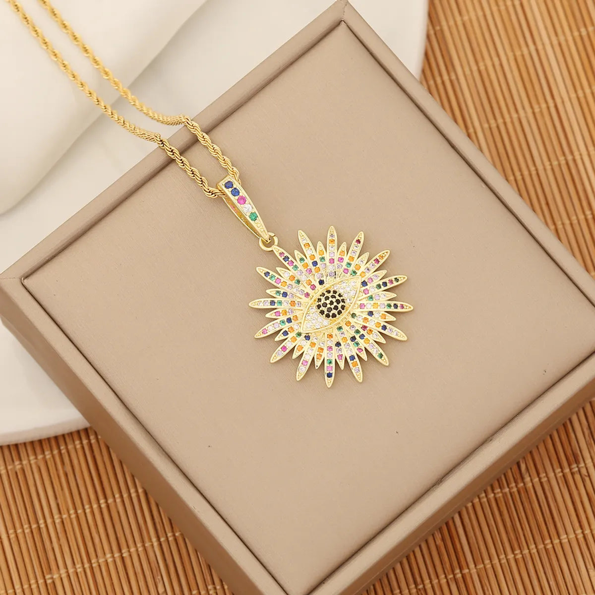 1 Piece Bohemian Devil's Eye Flower Stainless Steel Copper Beaded Enamel Inlay Zircon Pendant Necklace