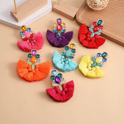 1 Piece Bohemian Flower Tassel Plating Inlay Alloy Plastic Metal Resin Gold Plated Drop Earrings