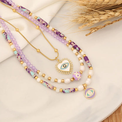 1 Piece Bohemian Heart Shape Eye Stainless Steel Natural Stone Beaded Plating Necklace