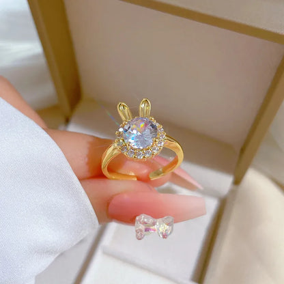 1 Piece Cartoon Style Rabbit Brass Inlaid Zircon Open Ring