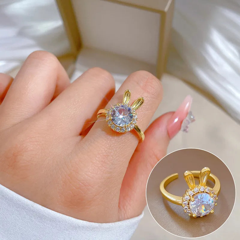 1 Piece Cartoon Style Rabbit Brass Inlaid Zircon Open Ring