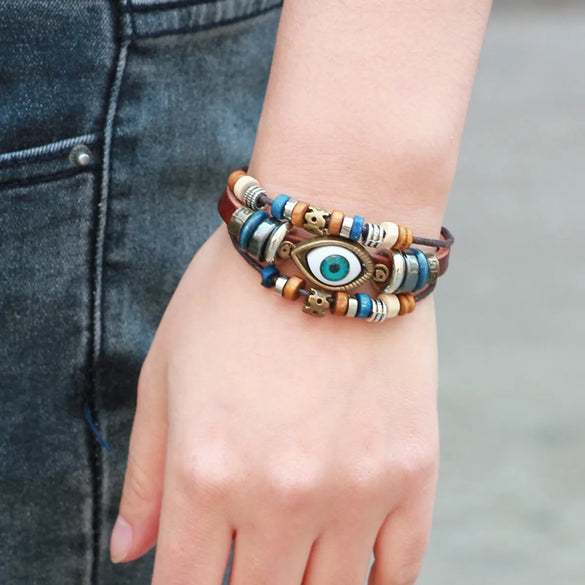 Casual Eye Pu Leather Beaded Braid Unisex Bracelets