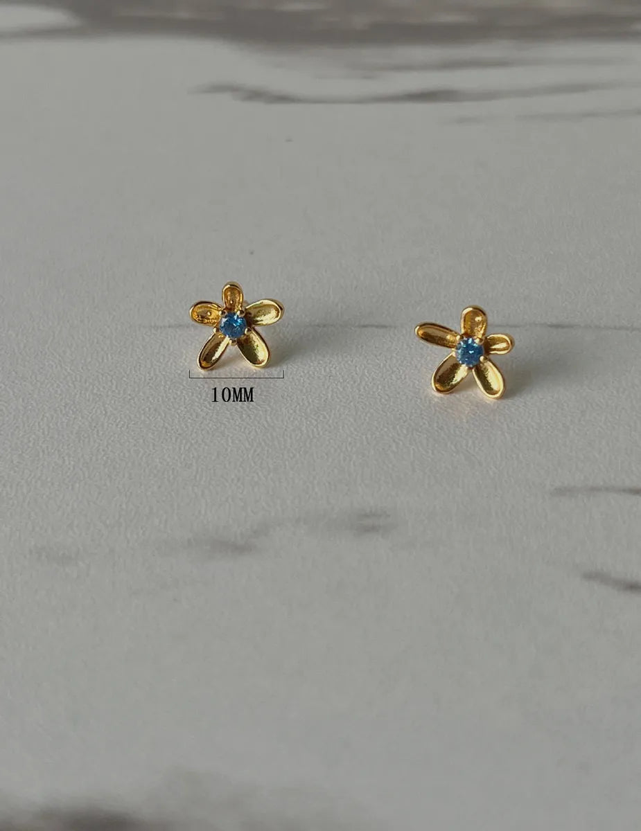 1 Piece Casual Flower Plating Sterling Silver Zircon 18k Gold Plated Silver Plated Ear Studs