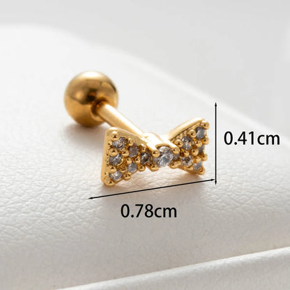 1 Piece Casual Simple Style Heart Shape Bow Knot Key Plating Inlay Copper Zircon Ear Studs