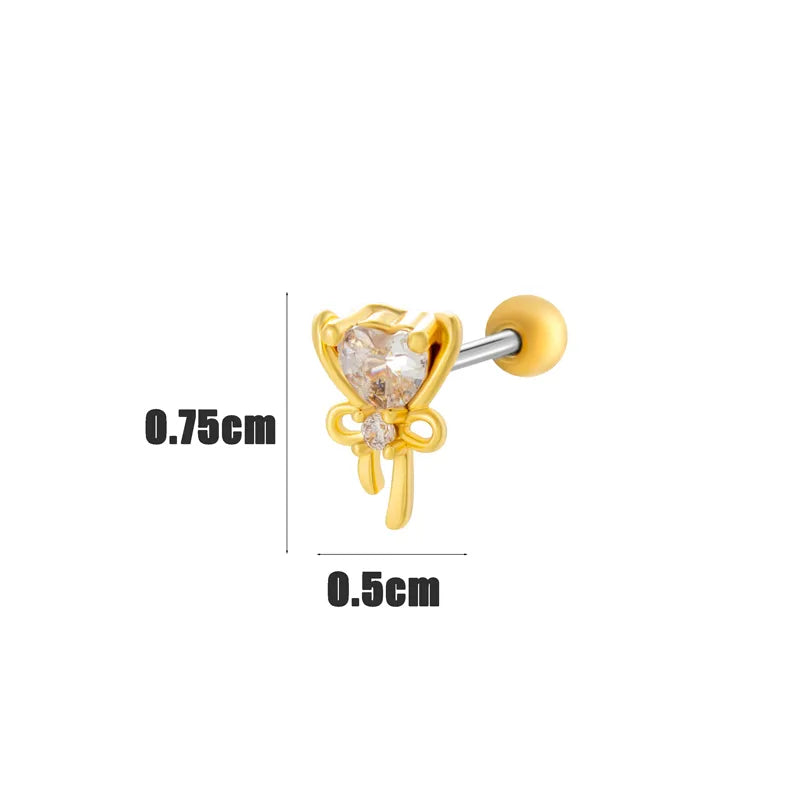 1 Piece Classic Style Heart Shape Bow Knot Inlay 316 Stainless Steel  Copper Zircon Ear Studs