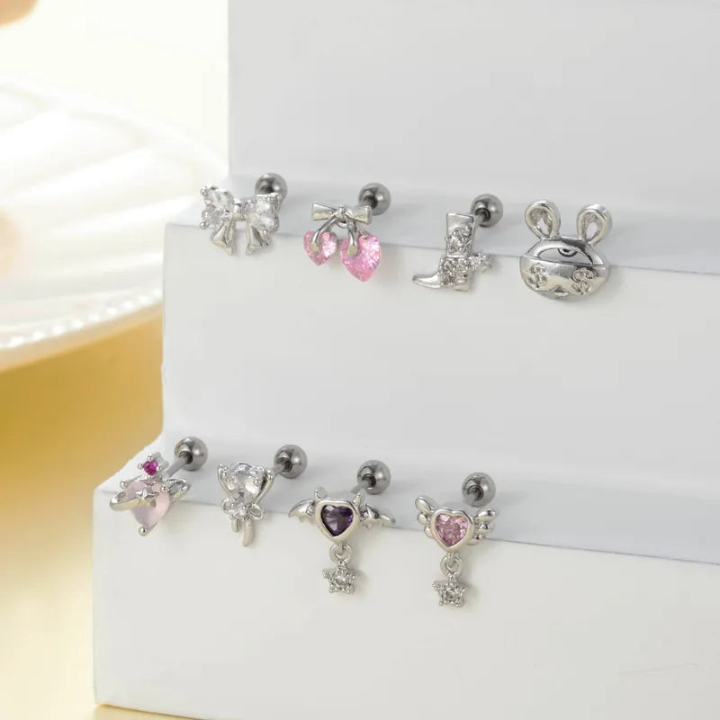 1 Piece Classic Style Heart Shape Bow Knot Inlay 316 Stainless Steel  Copper Zircon Ear Studs