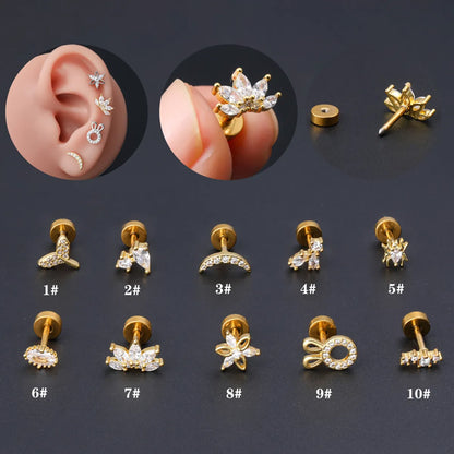 1 Piece Classic Style Insect Flower Polishing Plating Inlay Stainless Steel Copper Zircon 18k Gold Plated Ear Studs