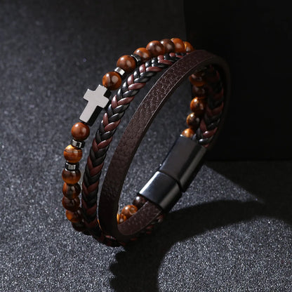 Classical Cross Alloy Tiger Eye Obsidian Knitting Men'S Bangle