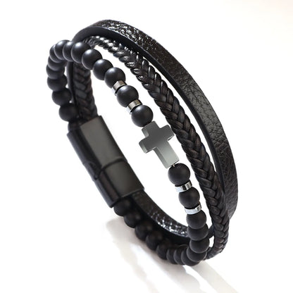 Classical Cross Alloy Tiger Eye Obsidian Knitting Men'S Bangle