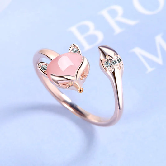 1 Piece Cute Animal Fox Copper Inlay Opal Open Ring