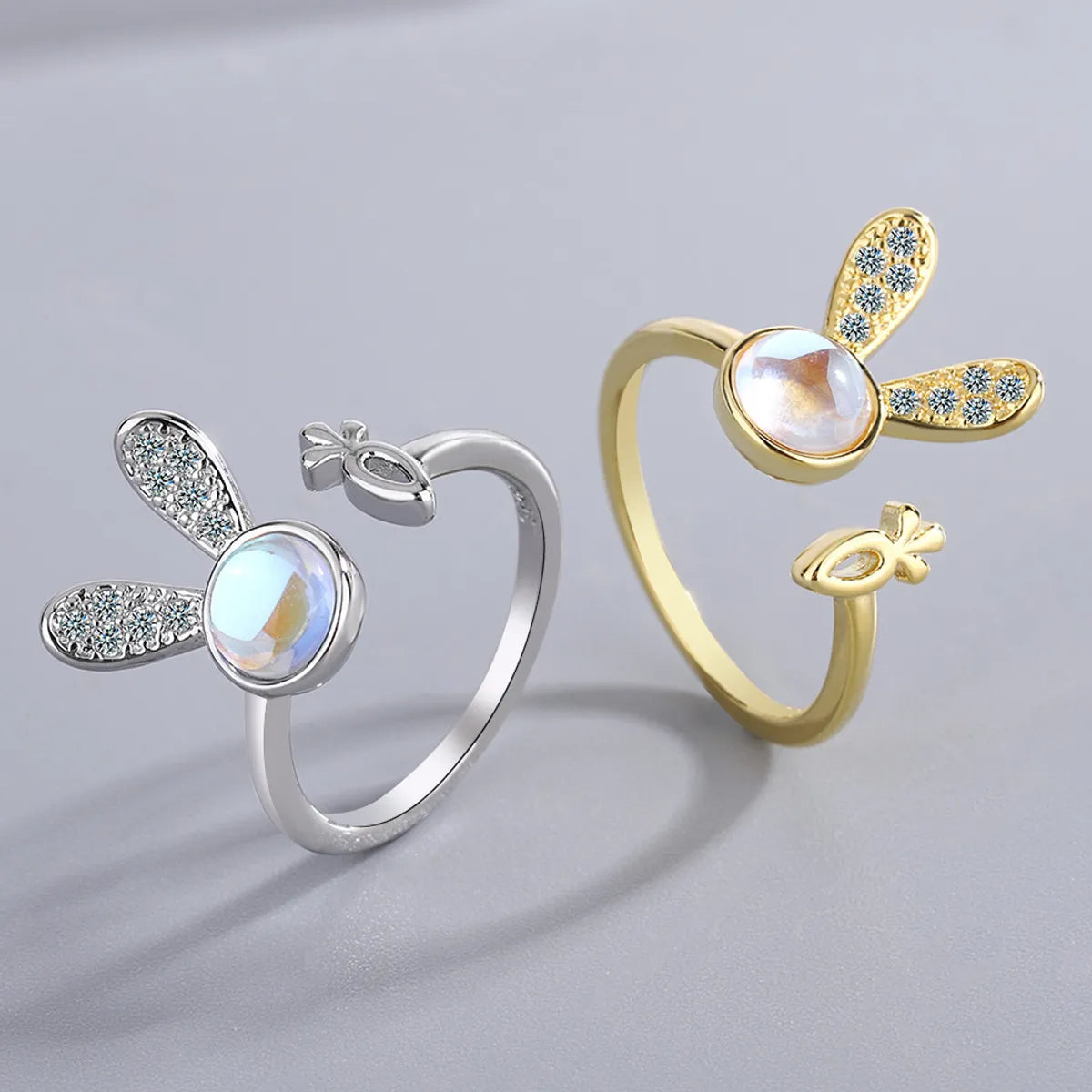 1 Piece Cute Bunny Ears Animal Copper Inlay Artificial Gemstones Zircon Open Ring