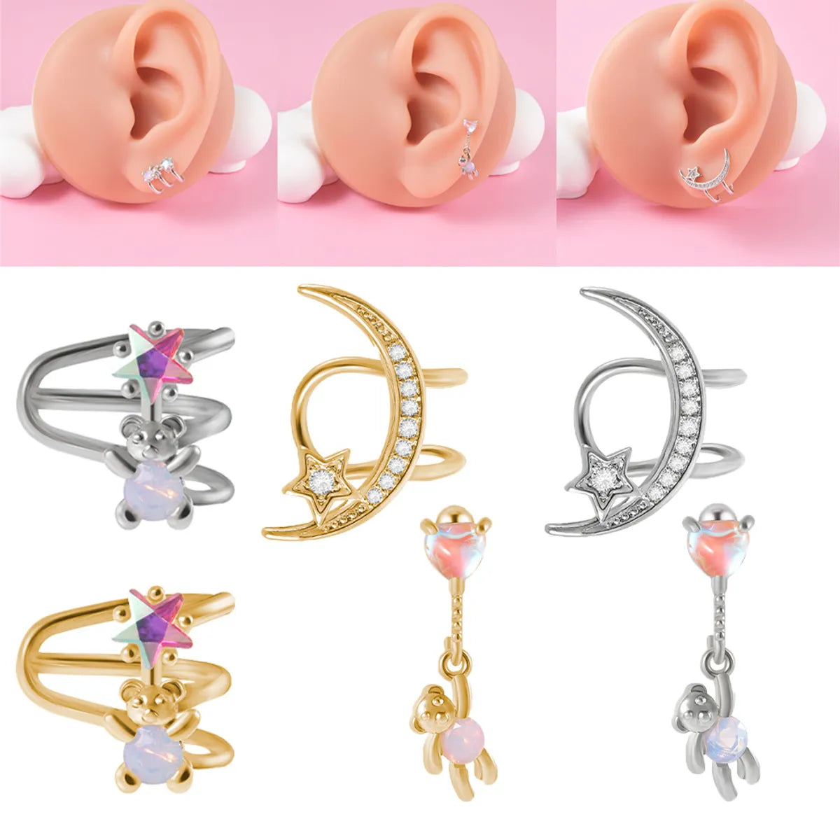 1 Piece Cute Star Moon Bear Plating Stainless Steel Ear Clips