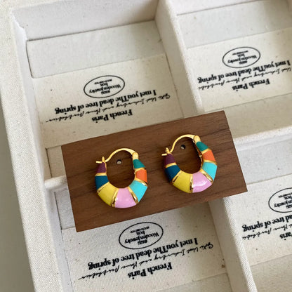 1 Piece Cute Sweet Commute V Shape Round Rainbow Enamel Lacquer Painting Copper 14K Gold Plated 18K Gold Plated Hoop Earrings Drop Earrings