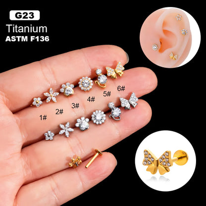 1 Piece Ear Cartilage Rings & Studs Basic Classic Style Flower Bow Knot Titanium Plating Inlay Zircon Lip Rings Ear Cartilage Rings & Studs