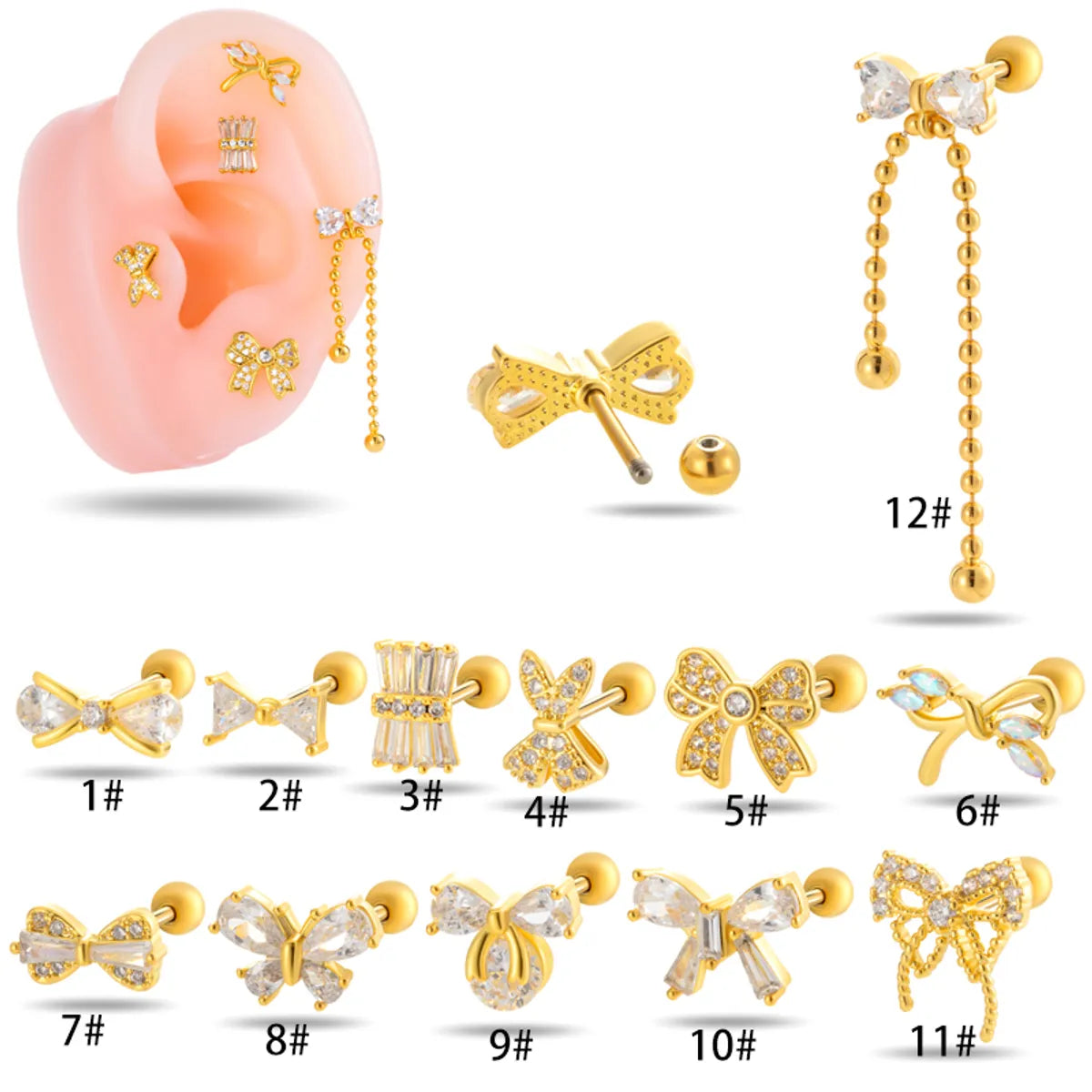 1 Piece Ear Cartilage Rings & Studs Casual Classic Style Korean Style Butterfly Bow Knot Copper Inlay Zircon