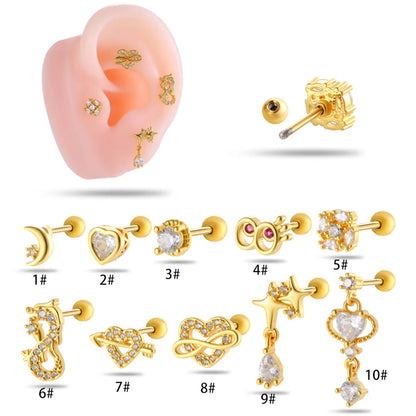 1 Piece Ear Cartilage Rings & Studs Casual Classic Style Korean Style Moon Heart Shape Copper Inlay Zircon