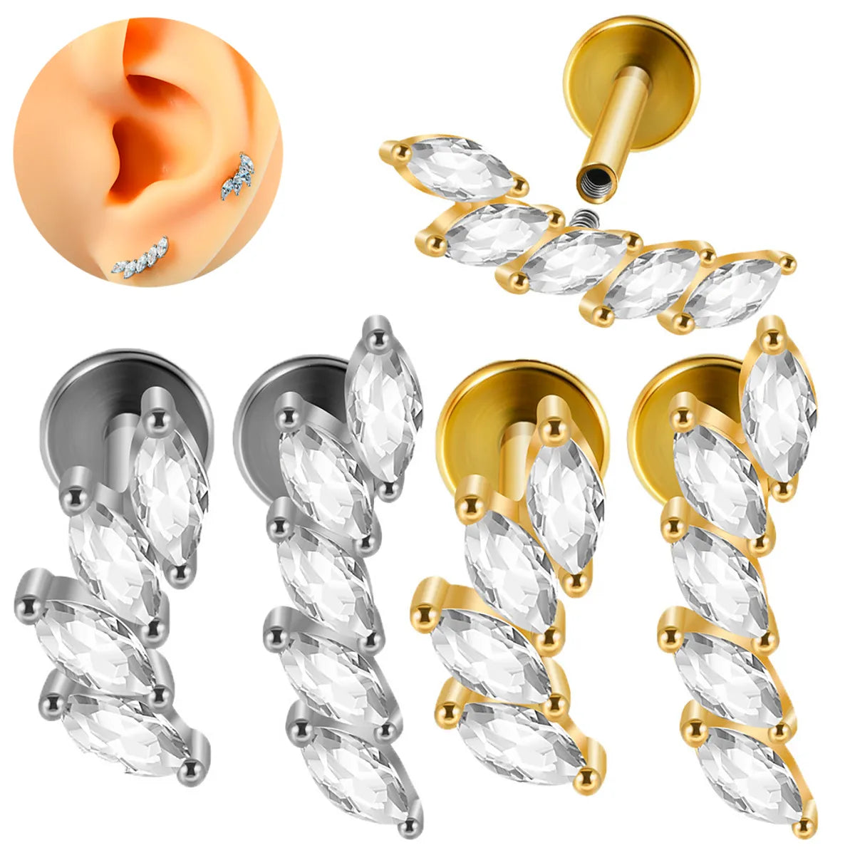 1 Piece Ear Cartilage Rings & Studs Casual Elegant Shiny Solid Color 304 Stainless Steel Plating Inlay Zircon 18K Gold Plated Ear Cartilage Rings & Studs