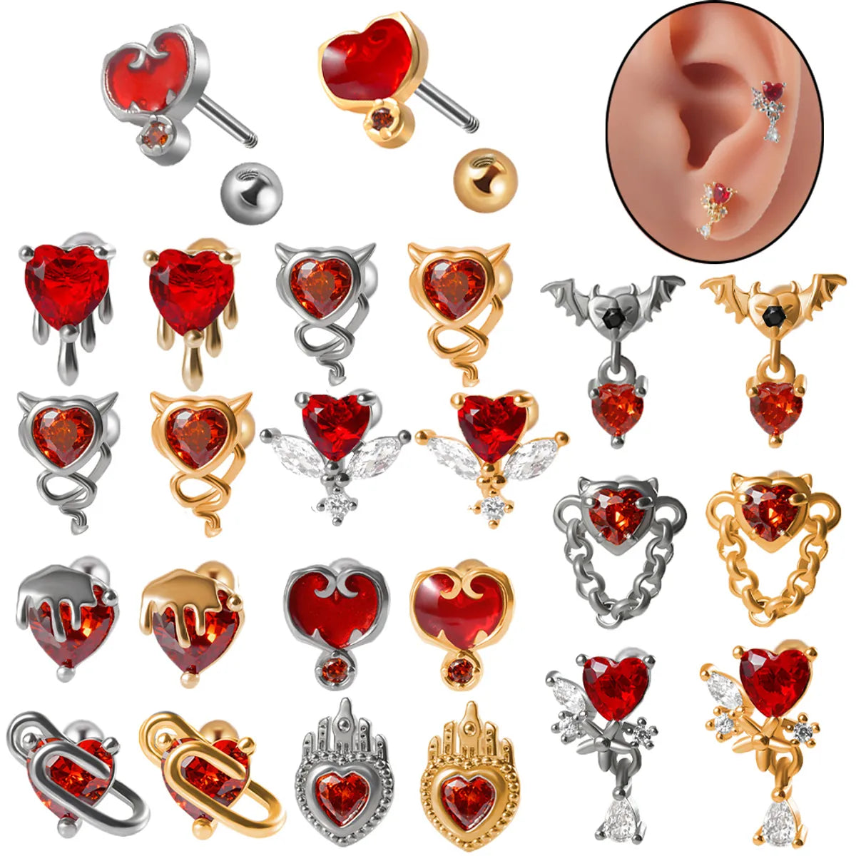 1 Piece Ear Cartilage Rings & Studs Casual Hawaiian Beach Heart Shape 304 Stainless Steel Rhinestone Plating Inlay Rhinestones 18K Gold Plated Lip Rings Ear Cartilage Rings & Studs