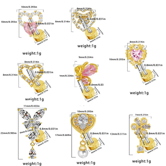 1 Piece Ear Cartilage Rings & Studs Hip-Hop Cool Style Heart Shape Butterfly Bow Knot 316 Stainless Steel  Copper Inlay Resin Glass Gold Plated