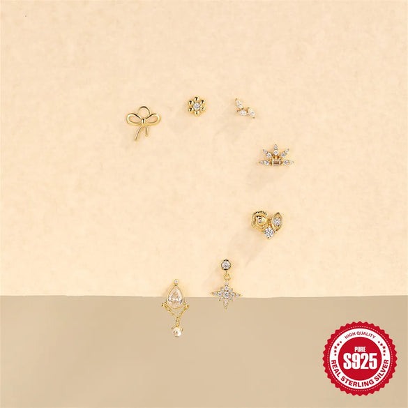 1 Piece Ear Cartilage Rings & Studs IG Style Geometric Flower Bow Knot 925 Sterling Silver Plating Inlay Zircon Ear Cartilage Rings & Studs