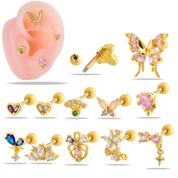 1 Piece Ear Cartilage Rings & Studs IG Style Vintage Style Simple Style Heart Shape Flower Butterfly 316 Stainless Steel  Copper Inlay Zircon Ear Cartilage Rings & Studs