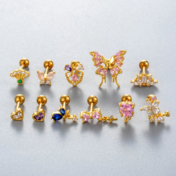 1 Piece Ear Cartilage Rings & Studs IG Style Vintage Style Simple Style Heart Shape Flower Butterfly 316 Stainless Steel  Copper Inlay Zircon Ear Cartilage Rings & Studs