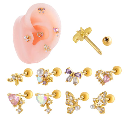 1 Piece Ear Cartilage Rings & Studs Princess Cute Sweet Heart Shape Butterfly Bow Knot 316 Stainless Steel  Copper Inlay Zircon Ear Cartilage Rings & Studs