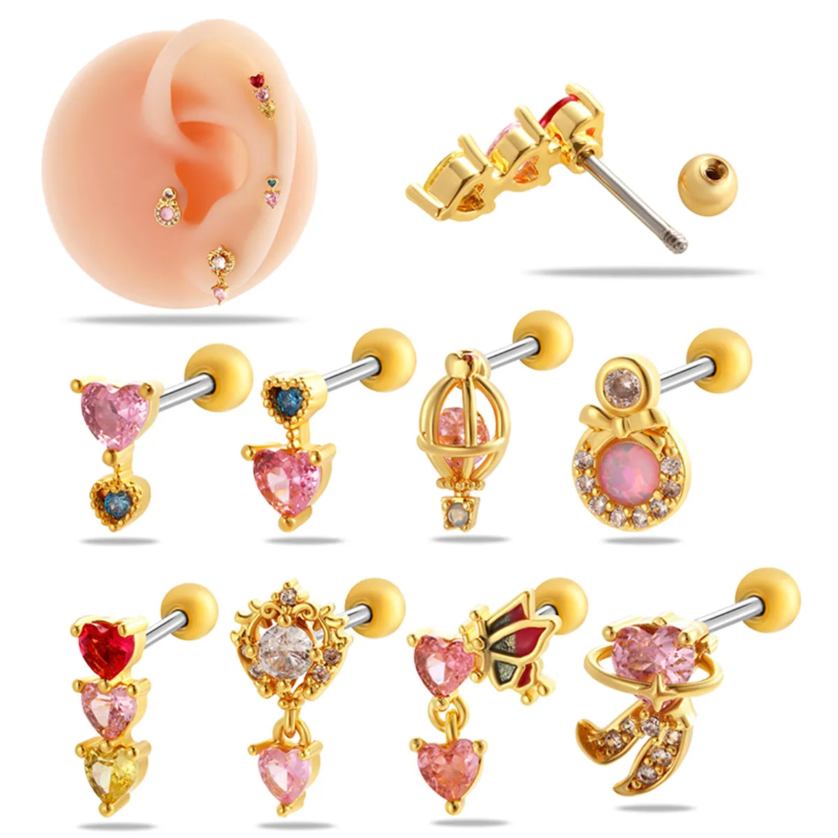 1 Piece Ear Cartilage Rings & Studs Simple Style Classic Style Heart Shape Butterfly Copper Inlay Zircon Ear Cartilage Rings & Studs