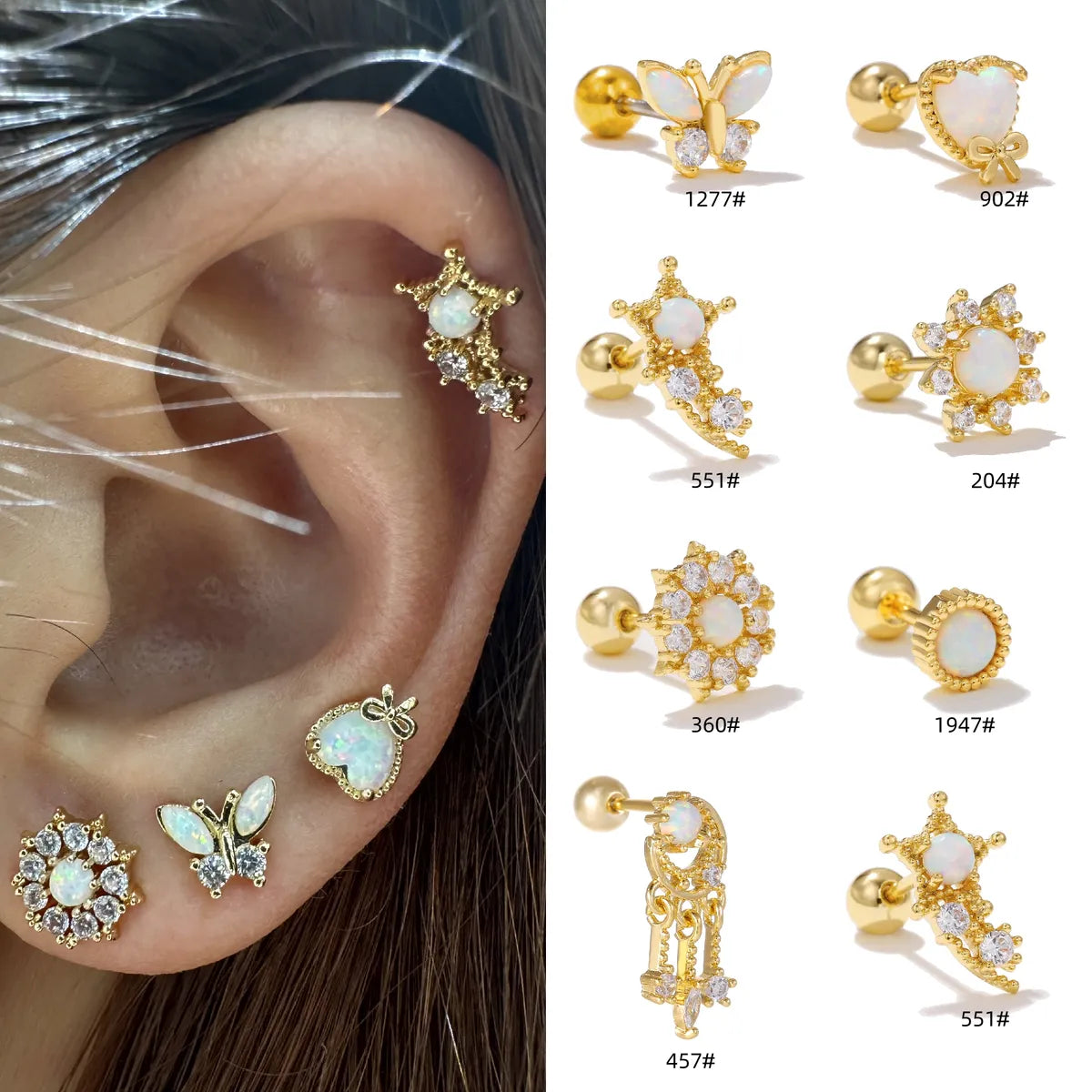 1 Piece Ear Cartilage Rings & Studs Simple Style Geometric Brass Plating Inlay Opal Zircon 18K Gold Plated Ear Cartilage Rings & Studs