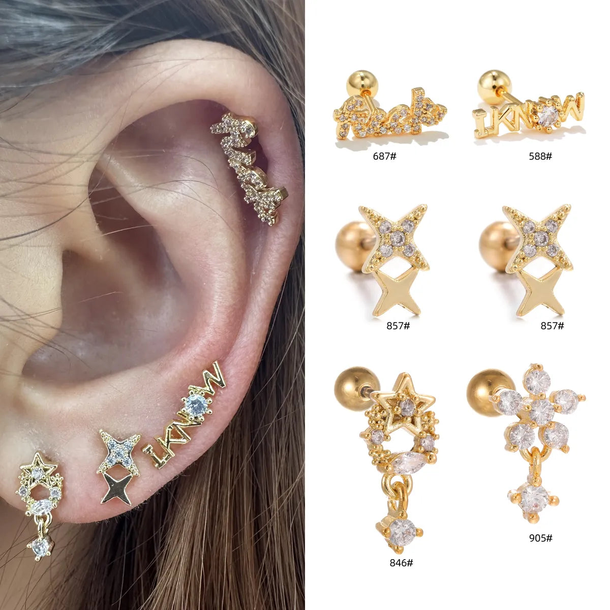 1 Piece Ear Cartilage Rings & Studs Simple Style Geometric Brass Plating Inlay Zircon Ear Cartilage Rings & Studs