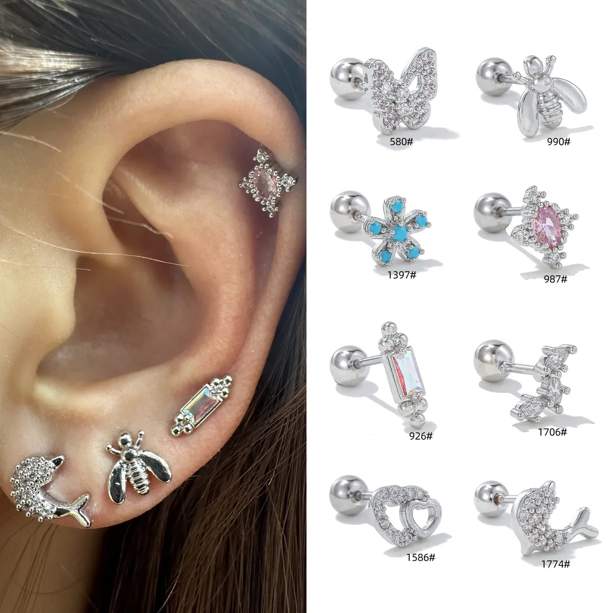 1 Piece Ear Cartilage Rings & Studs Simple Style Solid Color Brass Plating Inlay Zircon Ear Cartilage Rings & Studs