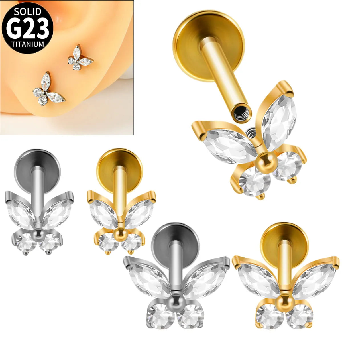 1 Piece Ear Cartilage Rings & Studs Sweet Simple Style Butterfly Titanium Alloy Plating Zircon 18K Gold Plated Ear Cartilage Rings & Studs