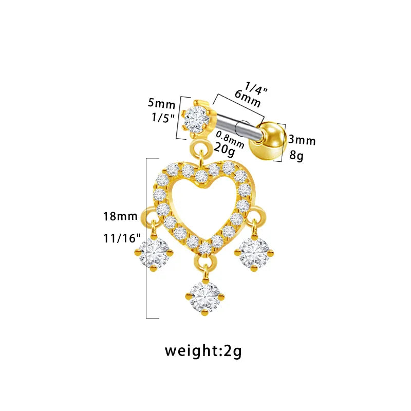 1 Piece Ear Cartilage Rings & Studs Sweet Simple Style Star Moon Heart Shape 316 Stainless Steel  Copper Hollow Out Inlay Rhinestones Glass Zircon Gold Plated Ear Cartilage Rings & Studs