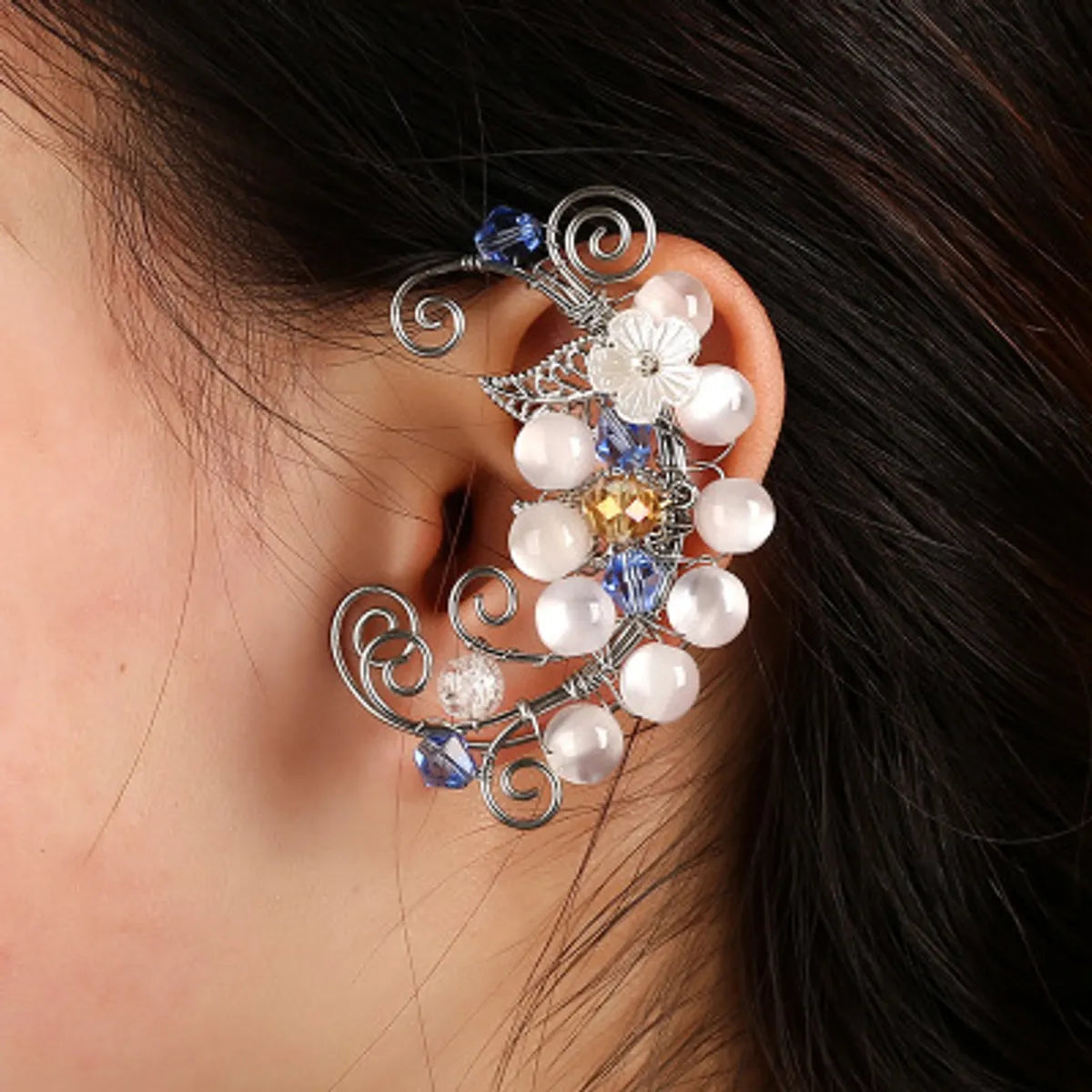 1 Piece Elegant Exaggerated Leaf Flower Butterfly Imitation Pearl Aluminum Ear Cuffs