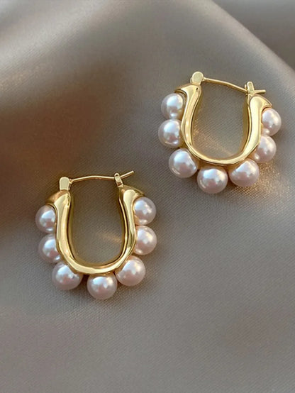 1 Piece Elegant Geometric Alloy Artificial Pearls Hoop Earrings