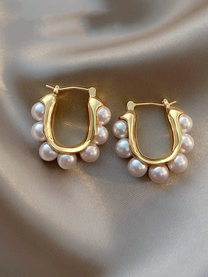 1 Piece Elegant Geometric Alloy Artificial Pearls Hoop Earrings