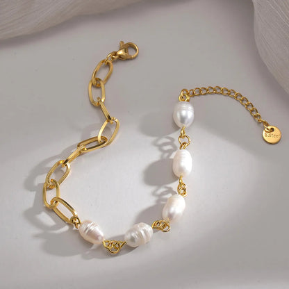 Elegant Geometric Stainless Steel Imitation Pearl 14k Gold Plated Bracelets