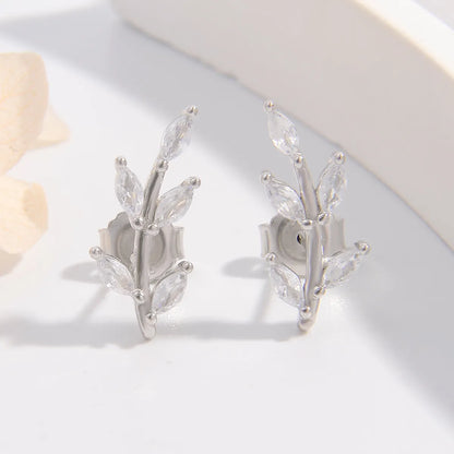 1 Piece Elegant Leaves Plating Sterling Silver Zircon White Gold Plated Ear Studs