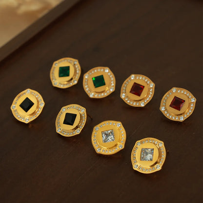 1 Piece Elegant Retro British Style Round Square Plating Inlay Titanium Steel Artificial Diamond Zircon 18k Gold Plated Ear Studs