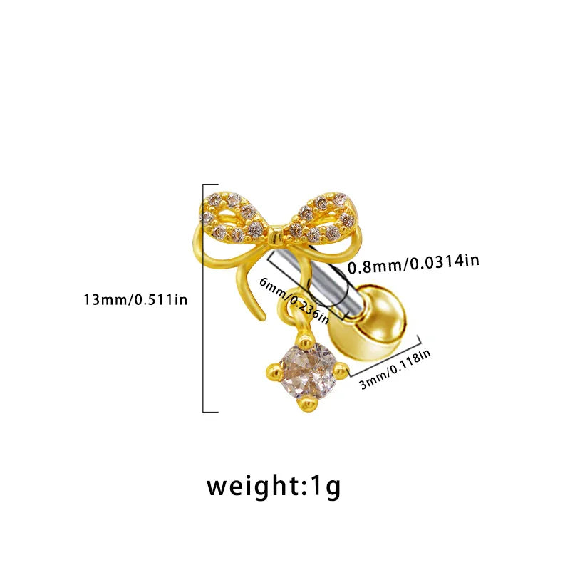 1 Piece Elegant Simple Style Shiny Heart Shape Wings Butterfly Inlay 316 Stainless Steel  Copper Glass Pearl Zircon White Gold Plated Gold Plated Ear Studs Cartilage Earrings