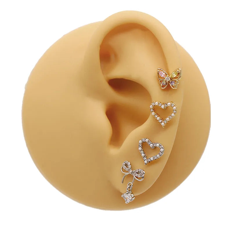 1 Piece Elegant Simple Style Shiny Heart Shape Wings Butterfly Inlay 316 Stainless Steel  Copper Glass Pearl Zircon White Gold Plated Gold Plated Ear Studs Cartilage Earrings