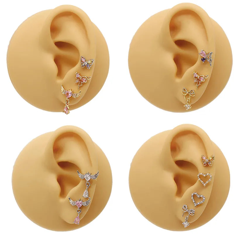 1 Piece Elegant Simple Style Shiny Heart Shape Wings Butterfly Inlay 316 Stainless Steel  Copper Glass Pearl Zircon White Gold Plated Gold Plated Ear Studs Cartilage Earrings