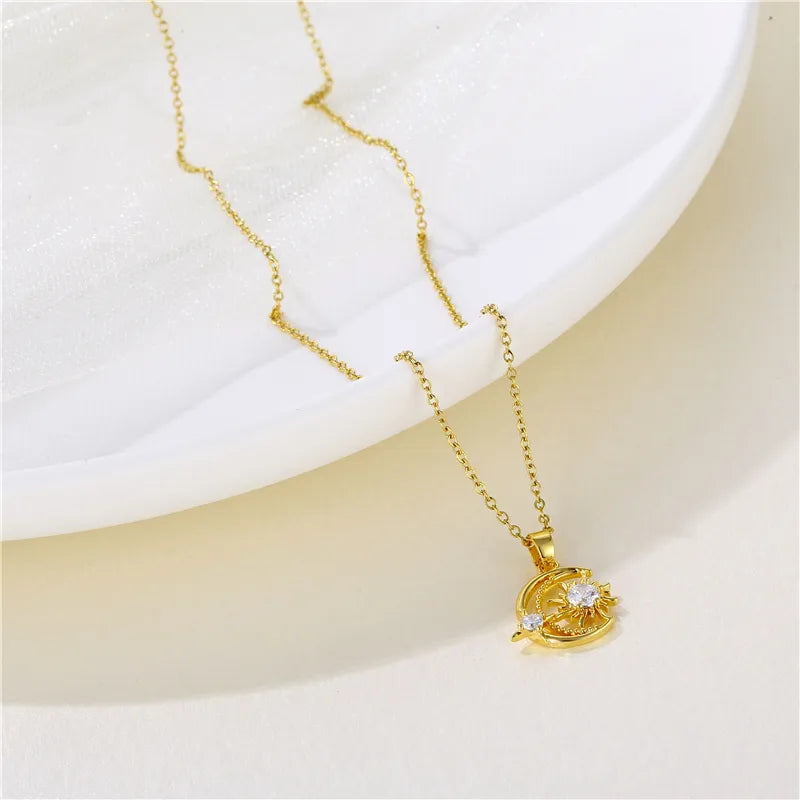 Stainless Steel Brass Elegant Plating Inlay Moon Star Zircon Pendant Necklace