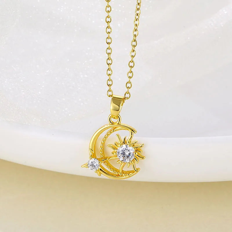 Stainless Steel Brass Elegant Plating Inlay Moon Star Zircon Pendant Necklace