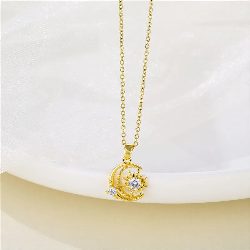 Stainless Steel Brass Elegant Plating Inlay Moon Star Zircon Pendant Necklace