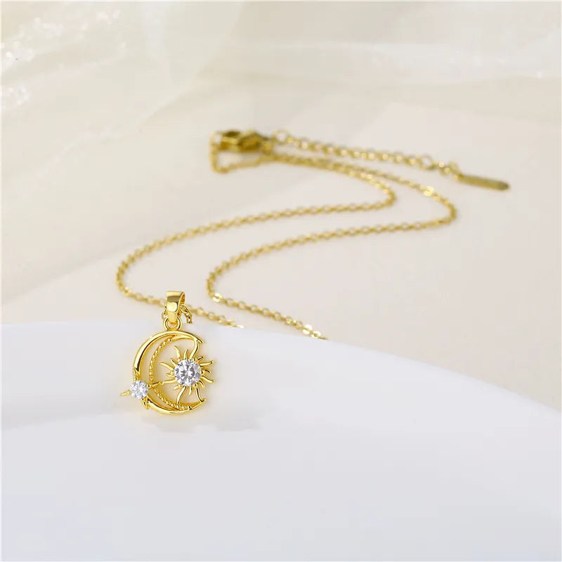 Stainless Steel Brass Elegant Plating Inlay Moon Star Zircon Pendant Necklace