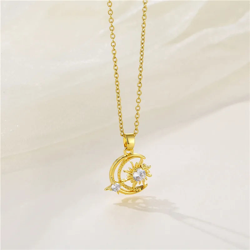 Stainless Steel Brass Elegant Plating Inlay Moon Star Zircon Pendant Necklace