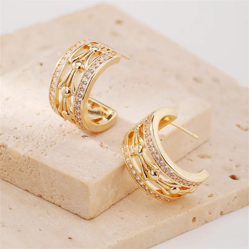 1 Piece Elegant Tropical Shiny C Shape Inlay Copper Zircon K Gold Plated Ear Studs