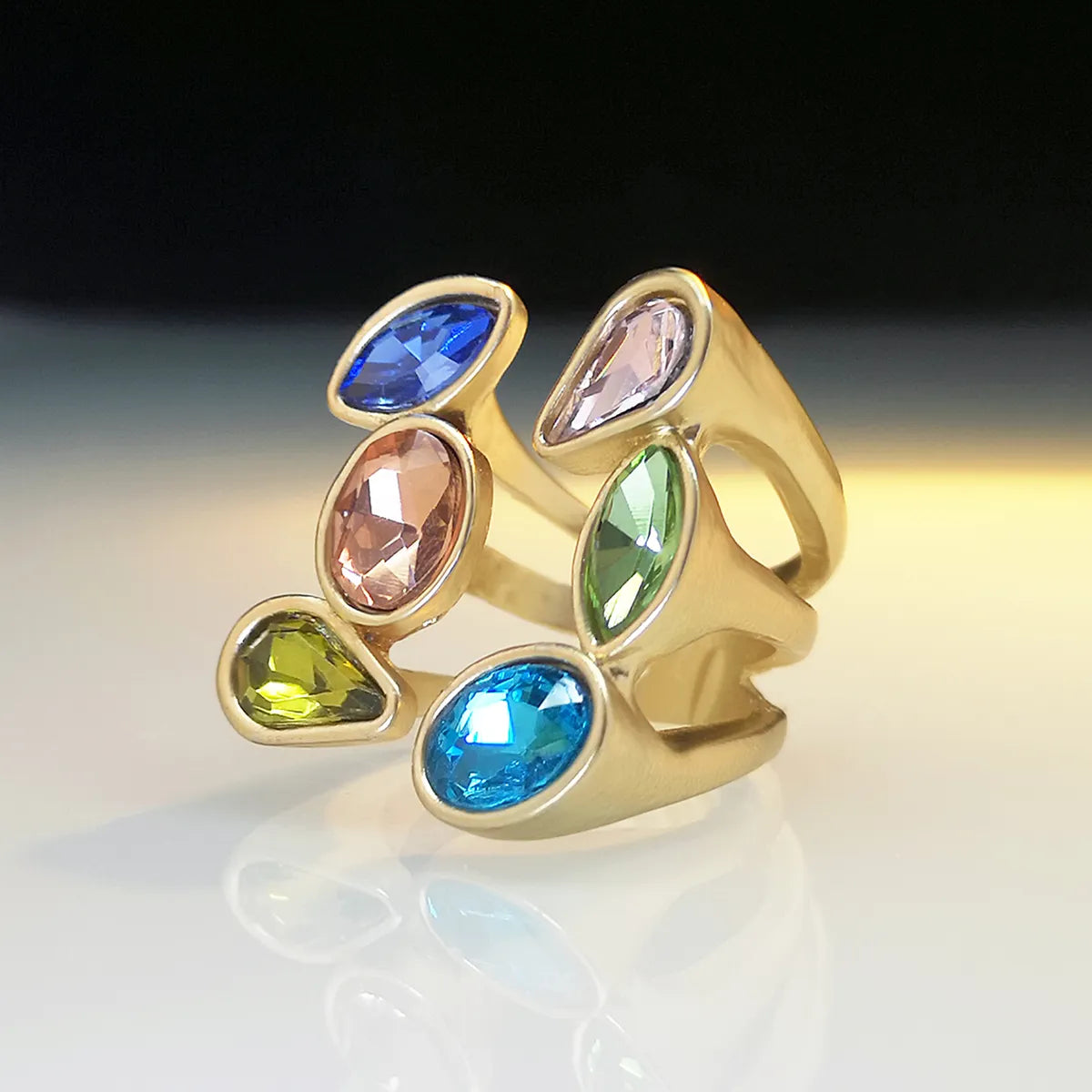 Exaggerated Oval Water Droplets Alloy Plating Inlay Artificial Gemstones Gold Plated Women'S Open Ring