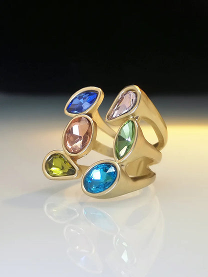 Exaggerated Oval Water Droplets Alloy Plating Inlay Artificial Gemstones Gold Plated Women'S Open Ring